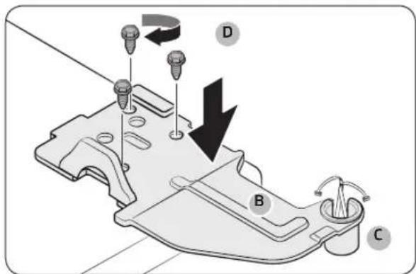 Technical diagram of a mechanical component with labeled parts A, B, C, D and directional arrows indicating motion or movement.