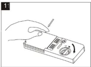 Line drawing of a hand holding a device with a screwdriver and circular button (no text or symbols)