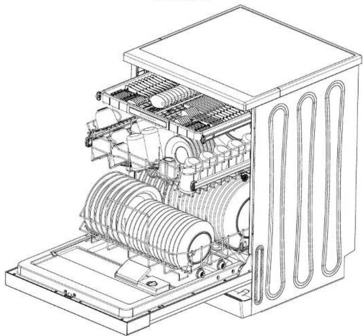 Technical line drawing of an open industrial machine with internal components (no text or symbols)