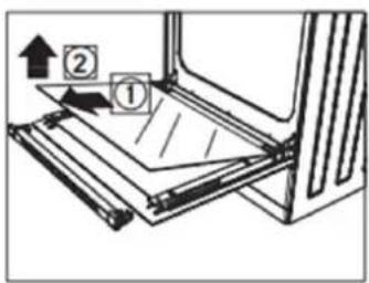 Diagram showing a mechanical assembly with labeled parts ① and ②, indicating directional movement or assembly steps.