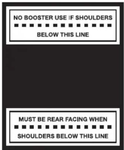 NO BOOSTER USE IF SHOULDERS BELOW THIS LINE MUST BE REAR FACING WHEN SHOULDERS BELOW THIS LINE