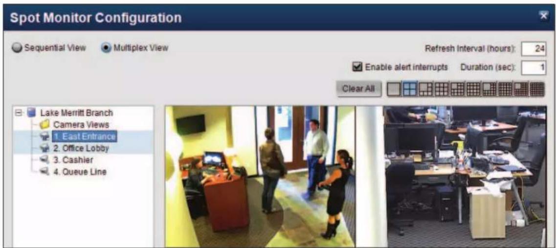 Spot Monitor Configuration Sequential View Multiplex View Refresh Interval (hours): 24 Enable alert interrupts Duration (sec): 1 Clear All Lake Merritt Branch Camera Views 1. East Entrance 2. Office Lobby 3. Cashier 4. Queue Line