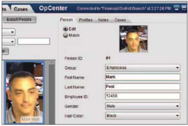 Cases Export People Connected to "Financial District Branch" at 3.27.26 PM Person Profiles Notes Cases Edit Match Person ID: #1 Group: Employee FirstName: Mark Last Name: Post Employee ID: 13458 Gender: Male Hair Color: Black