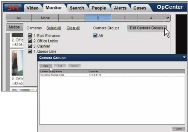 SVR Video Monitor Search People Alerts Cases OpCenter All None 1 2 3 4 Motion Cameras Select All Clear All Camera Groups Edit Camera Groups 1. East Entrance 2. Office Lobby 3. Cashier 4. Queue Line Camera Groups New Edit Delete Camera Group Name Cameras Customer-Facing Areas 1, 2, 6, 8, 10 Close
