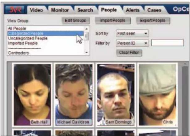 3V4 Video Monitor Search People Alerts Cases OpCe View Group Edit Groups All People Categorized People Uncategorized People Imported People Contractors Import People Export People Sort by First seen Filter by Person ID Clear Filter Beth Hall Michael Davidson Sam Domingo Chris