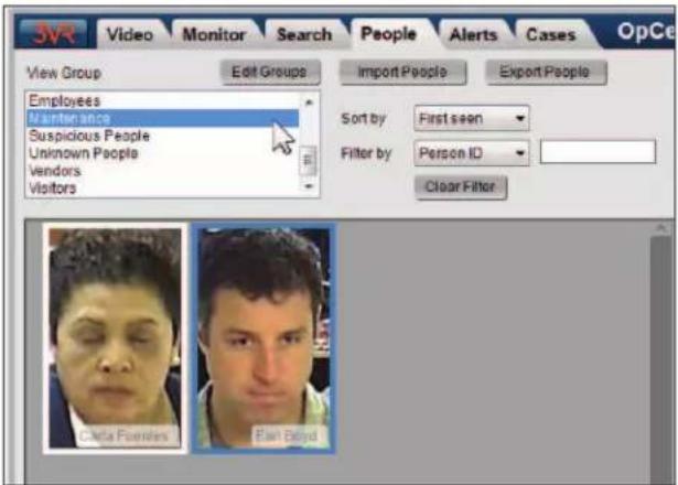 3VR Video Monitor Search People Alerts Cases OpCe View Group Edit Groups Import People Export People Employees Maintenance Suspicious People Unknown People Vendors Visitors Sort by First seen Filter by Person ID Clear Filter Carta Fuentes Earl Beyond
