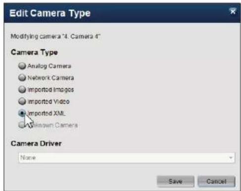 Edit Camera Type Modifying camera 4. Camera 4" Camera Type Analog Camera Network Camera Imported Images Imported Video Imported XML Unknown Camera Camera Driver None Save Cancel