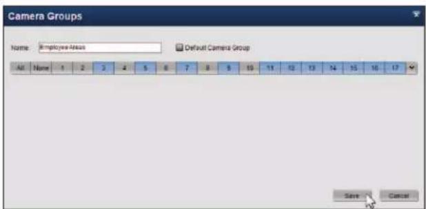 Camera Groups Name: Employee Areas Default Camera Group All Name 1 2 3 4 5 6 7 8 9 10 11 12 13 14 15 16 17 Save Cancel
