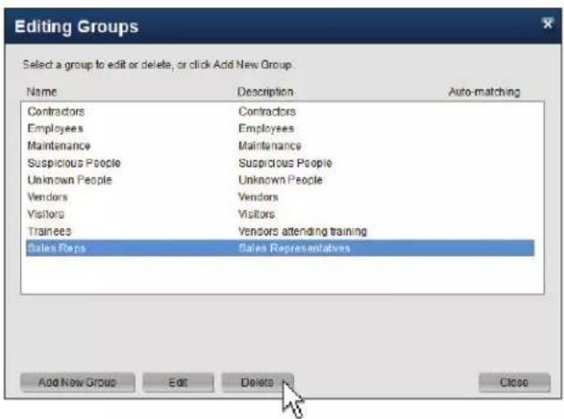Editing Groups Select a group to edit or delete, or click Add New Group. Name Description Auto-matching Contractors Contractors Employees Employees Maintenance Maintenance Suspicious People Suspicious People Unknown People Unknown People Vendors Vendors Visitors Visitors Trainees Vendors attending training Sales Reps Sales Representatives Add New Group Edit Delete Close