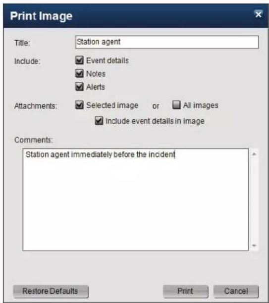 Print Image Title: Station agent Include: Event details Notes Alerts Attachments: Selected image or All images Include event details in image Comments: Station agent immediately before the incident Restore Defaults Print Cancel