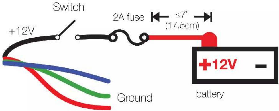 Switch +12V 2A fuse ≤7" (17.5cm) Ground +12V - battery