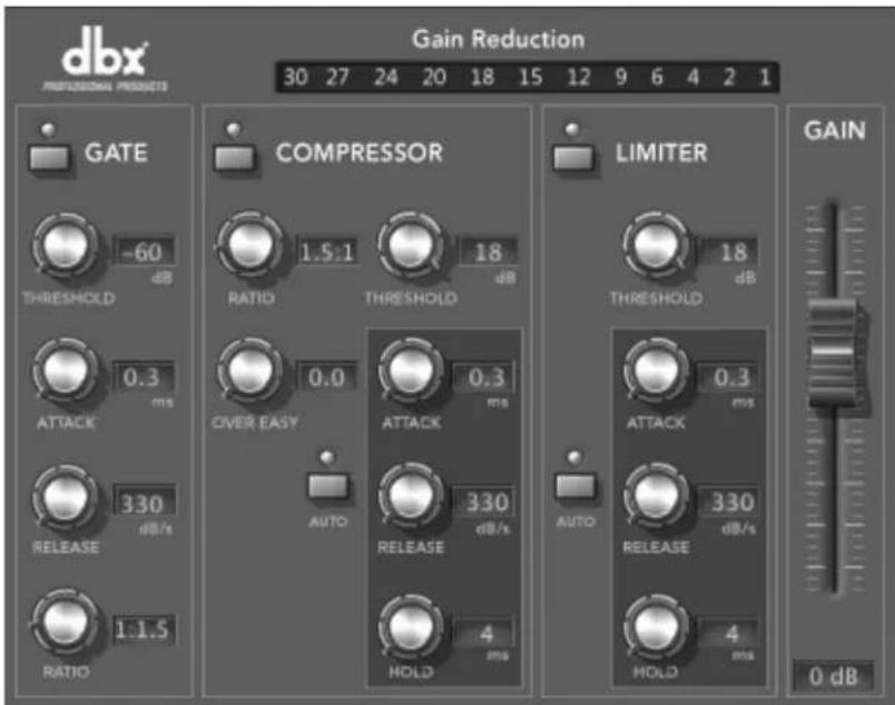 dbx PROFESSIONAL PRODUCTS Gain Reduction 30 27 24 20 18 15 12 9 6 4 2 1 GATE -60 dB THRESHOLD 0.3 ms ATTACK 330 dB/s RELEASE 1:1.5 RATIO COMPRESSOR 1.5:1 RATIO THRESHOLD 18 dB OVER EASY 0.0 ms AUTO 0.3 ms ATTACK 330 dB/s RELEASE 4 ms HOLD LIMITER 18 dB THRESHOLD 0.3 ms AUTO 330 dB/s RELEASE 4 ms HOLD GAIN 0 dB