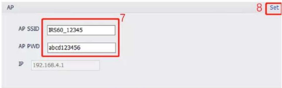AP AP SSID IRS60_12345 AP PWD abcd123456 IP 192.168.4.1 8 Set