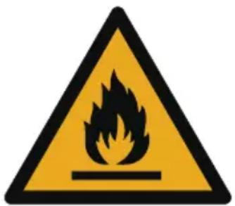 Warning sign depicting a flame symbol with hazard symbol, commonly used in safety or hazard prevention.