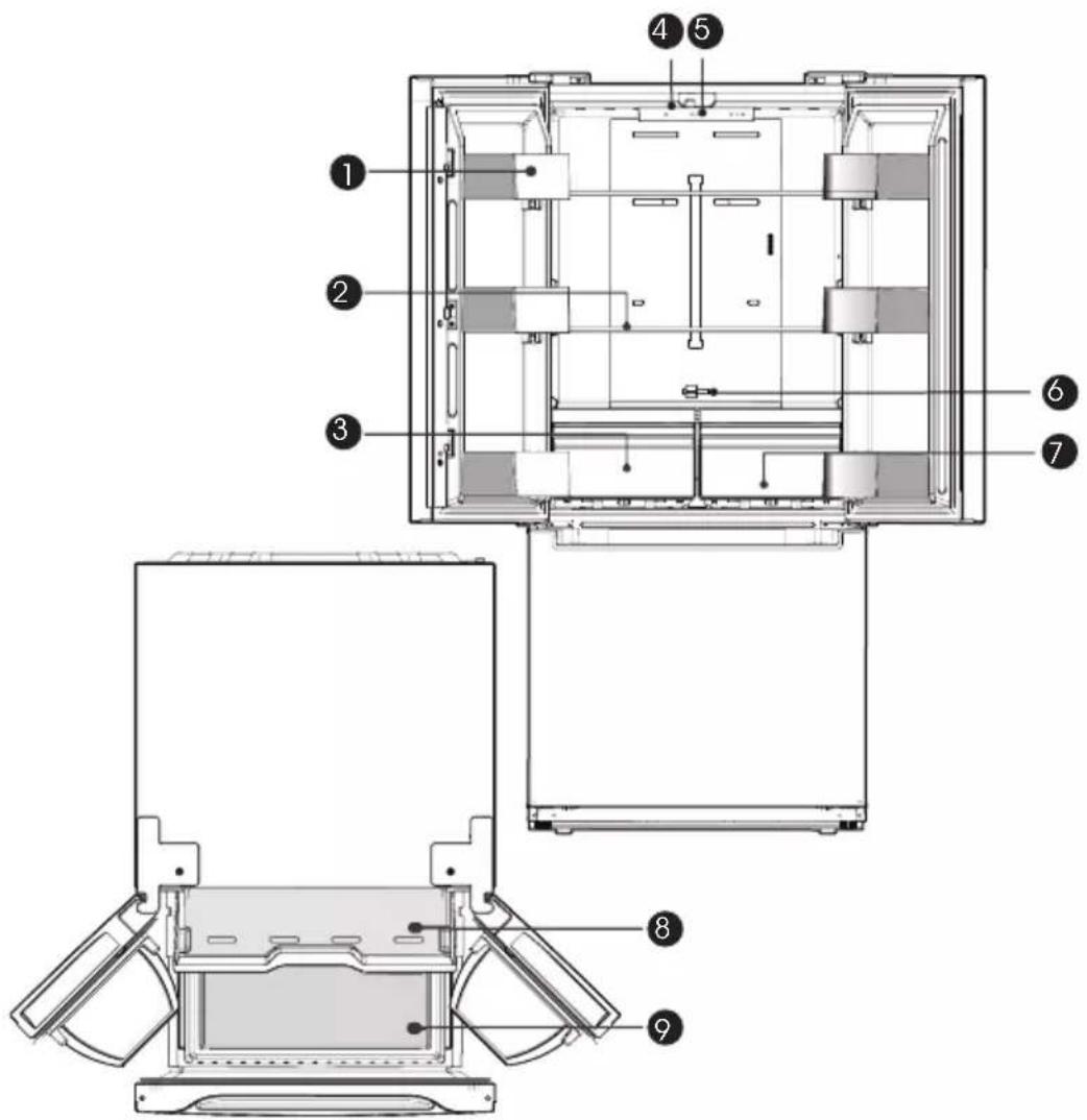 Technical diagram of a device with numbered components, showing internal structure and exploded view