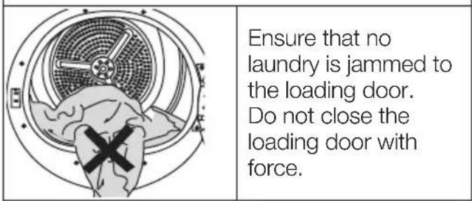 Ensure that no laundry is jammed to the loading door. Do not close the loading door with force.
