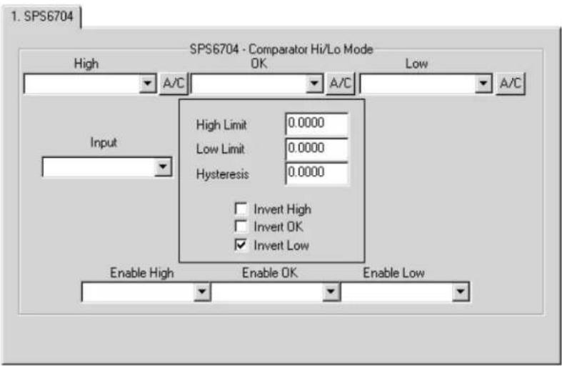 1. SPS6704 SPS6704 - Comparator Hi/Lo Mode High OK Low A/C A/C A/C Input High Limit 0.0000 Low Limit 0.0000 Hysteresis 0.0000 Invert High Invert OK Invert Low Enable High Enable OK Enable Low