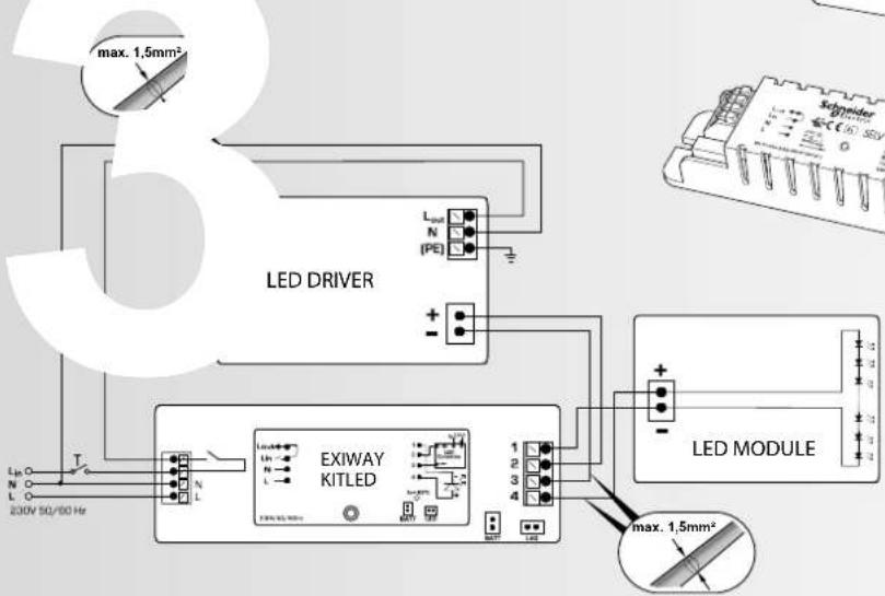 max. 1,5mm² LED DRIVER Lout N (PE) + - EXIWAY KITLED Lip O N O L L 230V SD/60 Hz LED MODULE max. 1,5mm²