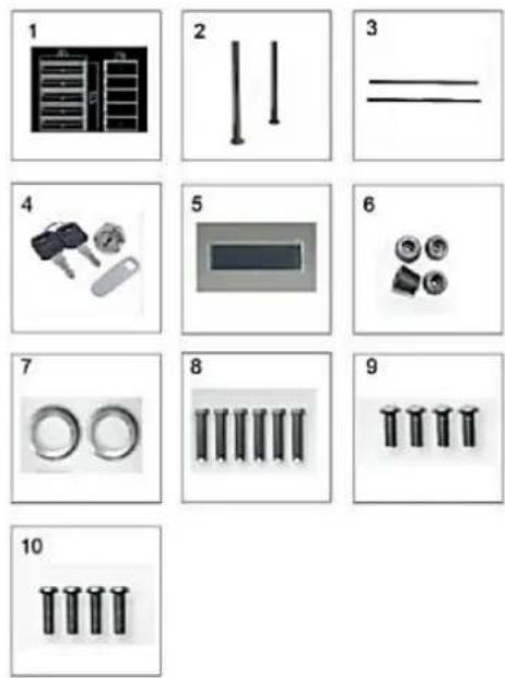 Cropped image showing 10 labeled mechanical parts with corresponding icons and labels, likely for assembly or manufacturing instructions.