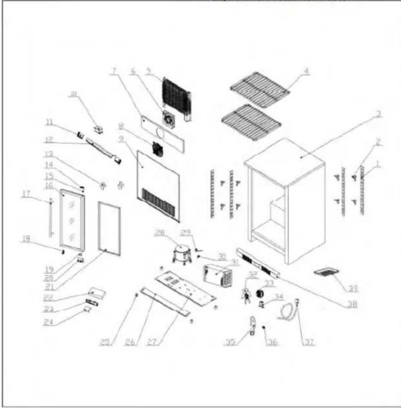 Exploded view diagram of a refrigerator with numbered parts for identification
