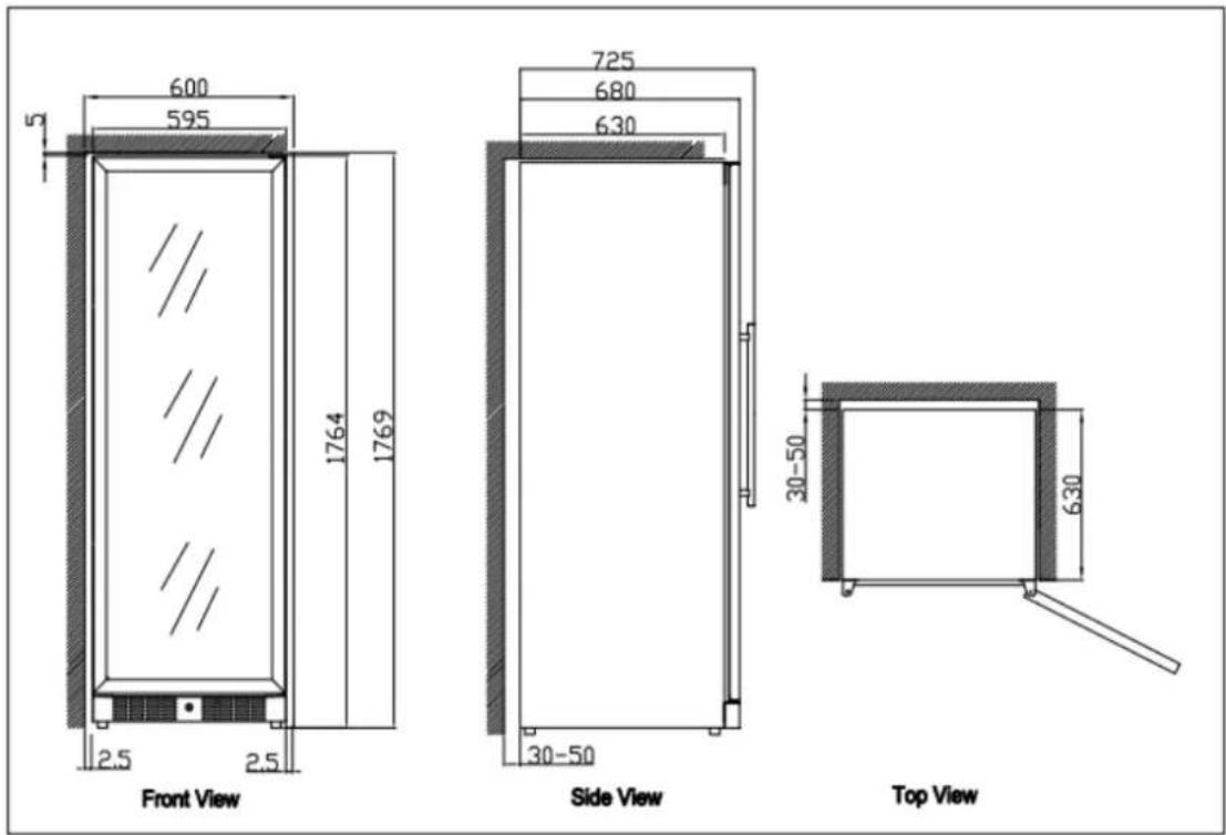 600 595 1764 1769 5 2.5 2.5 Front View 725 680 630 Side View 30-50 30-50 630 Top View