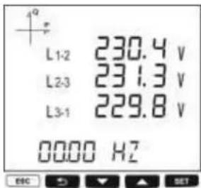L1-2 230.4 V L2-3 231.3 V L3-1 229.8 V 0000 Hz ESC
