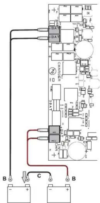 Electrical circuit diagram showing battery connections with labeled components and wiring paths