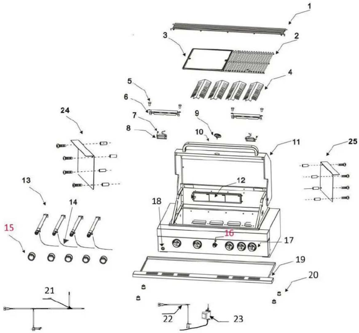 Technical diagram of a device with numbered components and exploded view, including labeled parts 1 through 25.