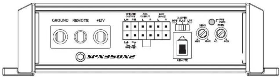 GROUND REMOTE +12V SPX350X2 SPX350X2 Ground REMOTE AUX OUTPUT L R L A LOW INPUT L B X-OVER HPF FLAT LFP SENS MIN MAX 40 400 PRT PWR PWD REMOTE