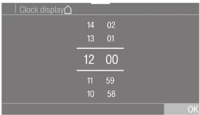 Clock display 14 02 13 01 ----- 12 00 ----- 11 59 10 58 OK