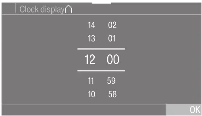 Clock display 14 02 13 01 ----- 12 00 ----- 11 59 10 58 OK