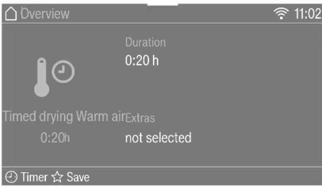 Overview Duration 0:20 h Timed drying Warm airExtras 0:20h not selected Timer ★ Save