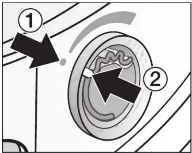 Diagram showing two labeled components (① and ②) with directional arrows indicating motion or flow, likely illustrating a mechanical or electrical system.