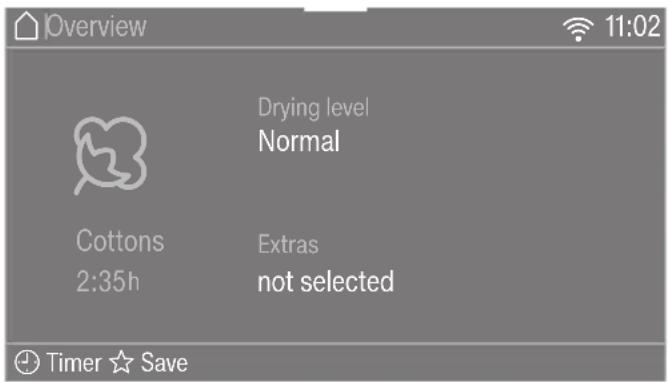 Overview Drying level Normal Cottons 2:35h Extras not selected Timer ★ Save