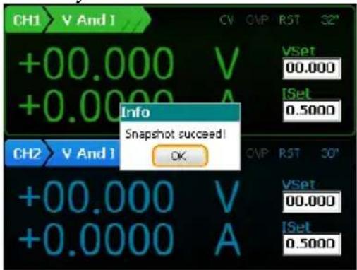 CH1 V And I +00.000 V +0.0000 A Info Snapshot succeed! OK CH2 V And I +00.000 V +0.0000 A CV OVP RST 32° VSet 00.000 [Set 0.5000] CH2 V And I VSet 00.000 [Set 0.5000]