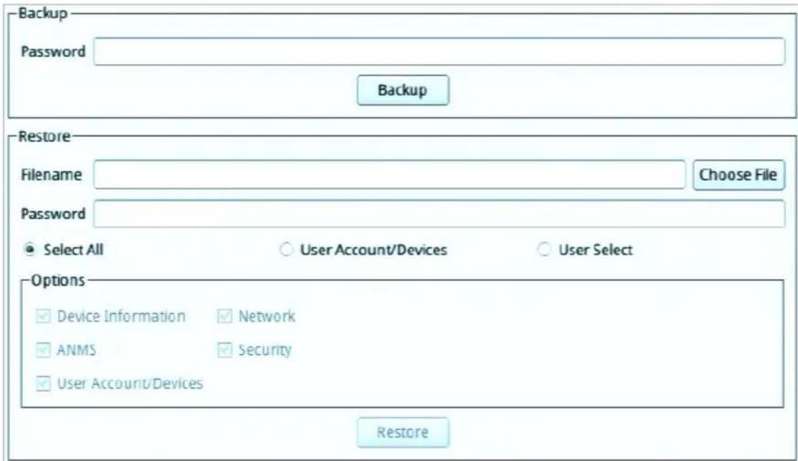 Backup Password Backup Restore Filename Choose File Password Select All User Account/Devices User Select Options Device Information Network ANMS Security User Account/Devices Restore