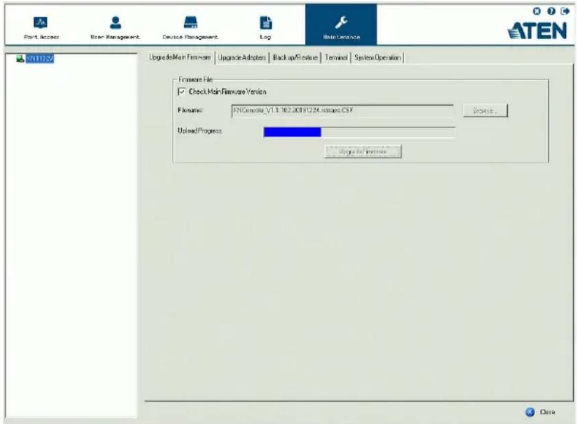Port Access User Management Device Management Log Mainframe ATEN 201132 Upgrade/Main Firmware | Upgrade/Adapters | Backup/Restore | Terminal | System Operation Firmware File Check Main Firmware Version Filename: KNControl_V1.1.102.201812.24.Intunes.CSF Browse... Upload Progress: Upgrade/Main Service Close