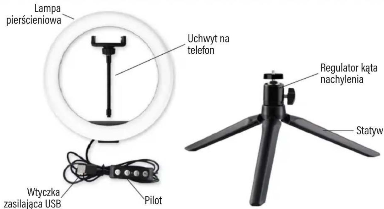 Lampa pierścieniowa Uchwyt na telefon Wtyczka zasilająca USB Pilot Regulator kąta nachylenia Statyw
