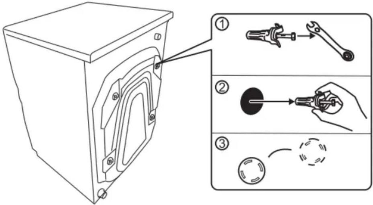 Technical diagram showing three-step assembly steps of a washing machine, with numbered instructions for each step.