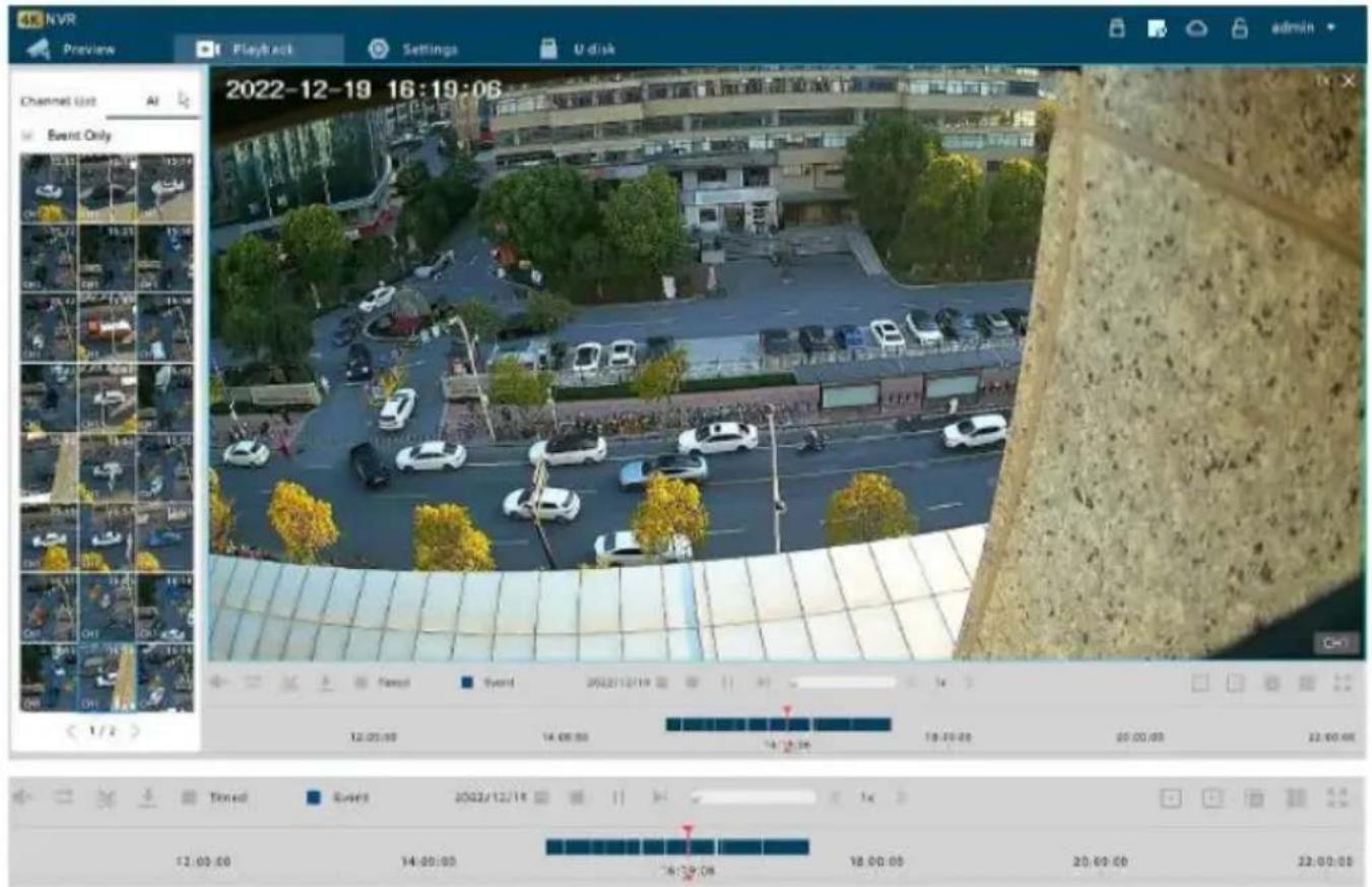 NVR Preview Playback Settings U disk Channel List AI Event Only 2022-12-19 16:19:06 12.05.00 14.00.00 18.00.00 20.00.00 22.00.00 Tinned Events 2022/12/19 12:00:00 14:00:00 18:00:00 20:00:00 22:00:00