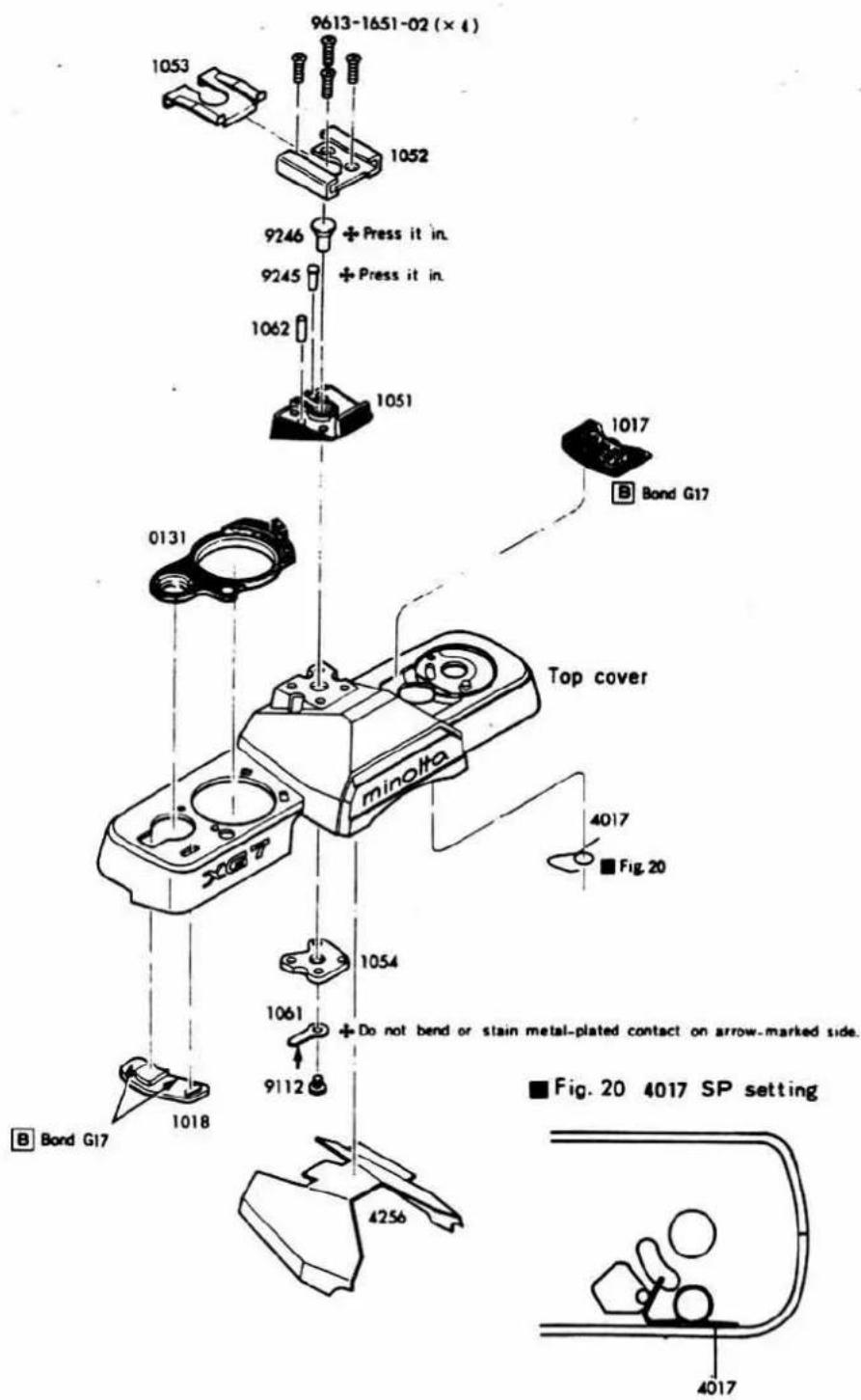 9613-1651-02 (× 4) 1053 1052 9246 +Press it in. +Press it in. 9245 1062 1051 1017 Bond G17 0131 Top cover minolta 4017 Fig. 20 1054 1061 Do not bend or stain metal-plated contact on arrow-marked side. 9112 B Bond G17 1018 4256 Fig. 20 4017 SP setting 4017