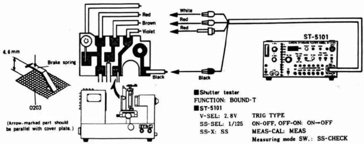 4.6 mm Brake spring 0203 (Arrow-marked part should be parallel with cover plate.) Black White Red Brown Violet Black ST-5101 ■Shutter tester FUNCTION: BOUND-T ■ST-5101 V-SEL: 2.8V TRIG TYPE SS-SEL: 1/125 ON-OFF, OFF-ON: ON→OFF SS-X: SS MEAS-CAL: MEAS Measuring mode SW.: SS-CHECK