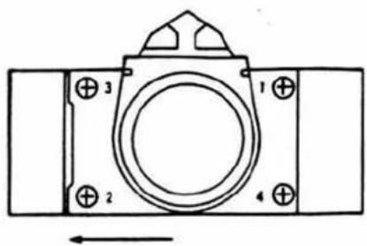 Technical diagram of a mechanical component with numbered parts and directional arrow indicating motion or force