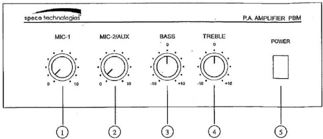 speco technologies P.A. AMPLIFIER PBM MIC-1 MIC-2/AUX BASS TREBLE POWER ① ② ③ ④ ⑤