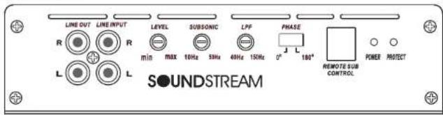 LINE OUT R R L L SOUNDSTREAM LEVEL min max 10Hz 5Hz 40Hz 15Hz LFP PHASE 0° L 180° REMOTE SUB CONTROL POWER PROTECT
