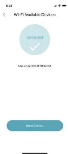 8:23 Wi-Fi Available Devices Connected Mac code:34EAE78D9184 Bond Device
