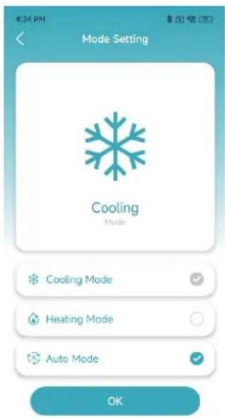 424 PM Mode Setting Cooling Mode Cooling Mode Heating Mode Auto Mode OK