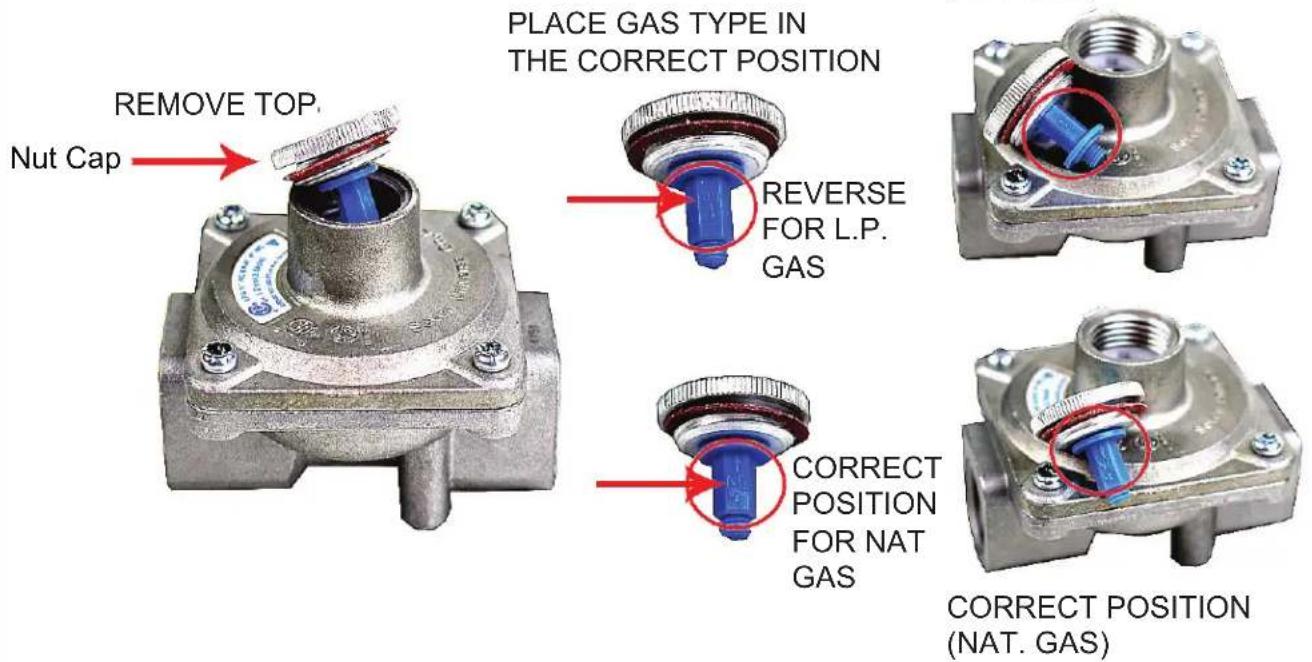 PLACE GAS TYPE IN THE CORRECT POSITION REMOVE TOP. Nut Cap REVERSE FOR L.P. GAS CORRECT POSITION FOR NAT GAS CORRECT POSITION (NAT. GAS)