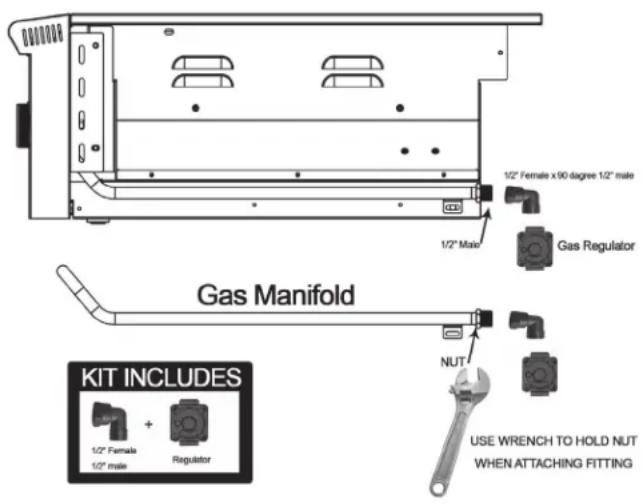 1/2" Female x 90 degree 1/2" male 1/2" Male Gas Regulator Gas Manifold NUT KIT INCLUDES 1/2" Female + 1/2" male Regulator USE WRENCH TO HOLD NUT WHEN ATTACHING FITTING