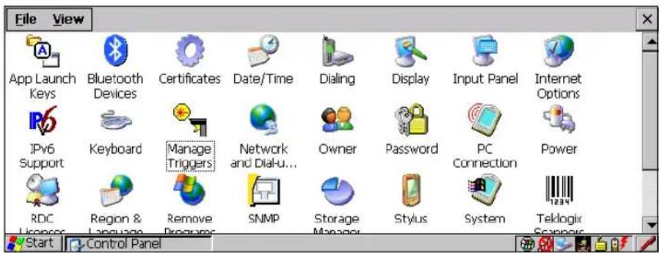 File View App Launch Keys Bluetooth Devices Certificates Date/Time Dialing Display Input Panel Internet Options IPv6 Support Keyboard Manage Triggers Network and Dial-u... Owner Password PC Connection Power RDC Licensor Region & Language Remove Programs SNMP Storage Manager Stylus System Teklogix Scanners Start Control Panel